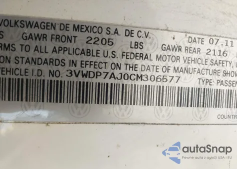 2012 Volkswagen Jetta 2.5L Se z USA, uszkodzony, nr VIN 3VWDP7AJ0CM306577